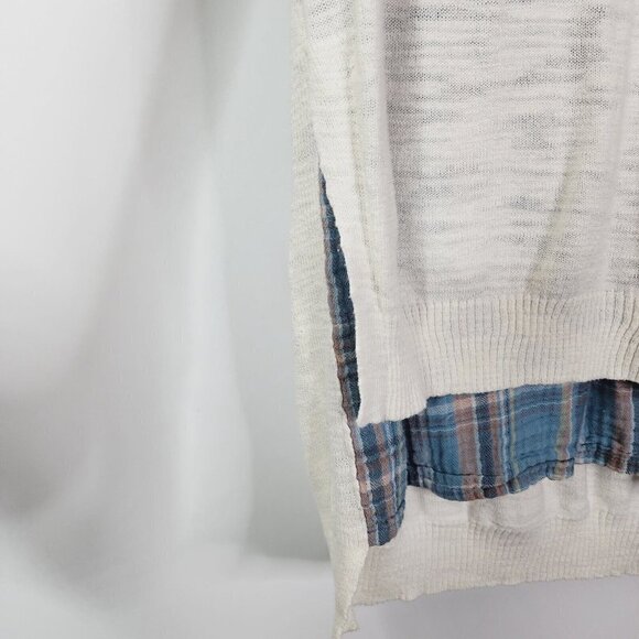 Anthropologie Moth V Neck Plaid Shirt Hem Sweater Layered Linen Blend Small? - Picture 7 of 12